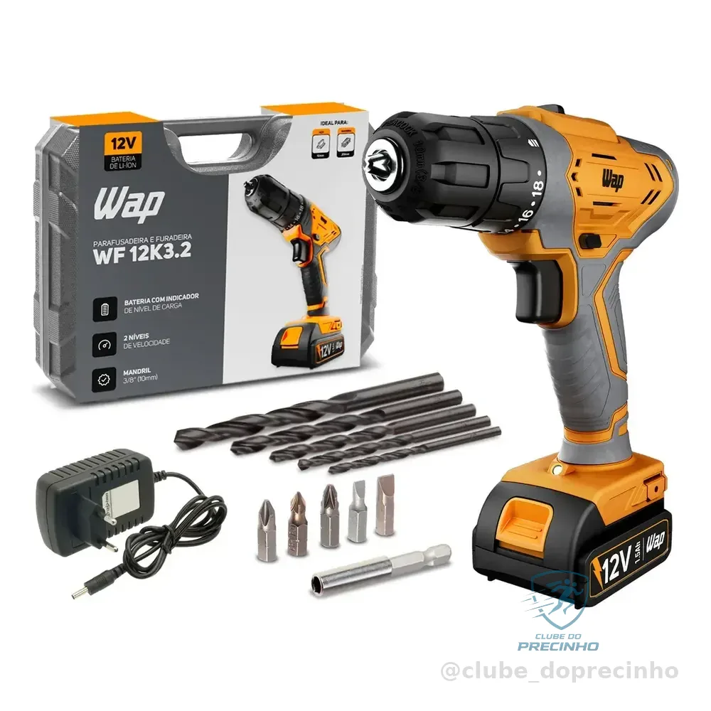 Parafusadeira E Furadeira A Bateria Li-ion Wap Wf 12k3.2 Carregador Com Maleta E Kit De 11 Acessórios Amarelo 127/220v 60hz