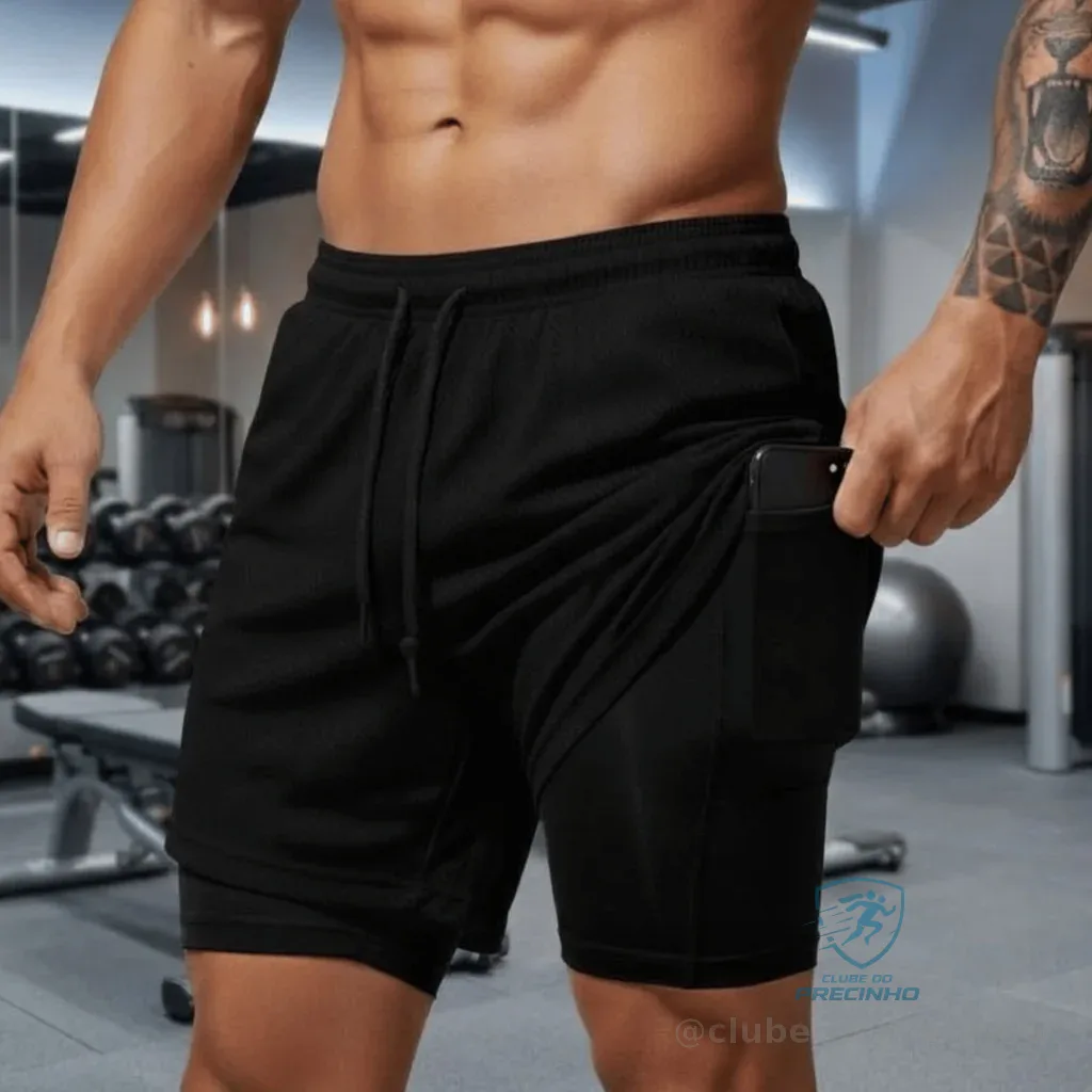 Shorts Masculino 2 em 1 Academia Corrida Treino Dry Fit Com Compressão e Bolso