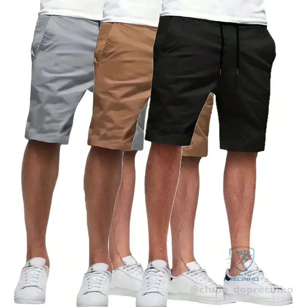 Kit 3 Bermuda Sarja Masculina - Cores Preto, Bege e Gelo
