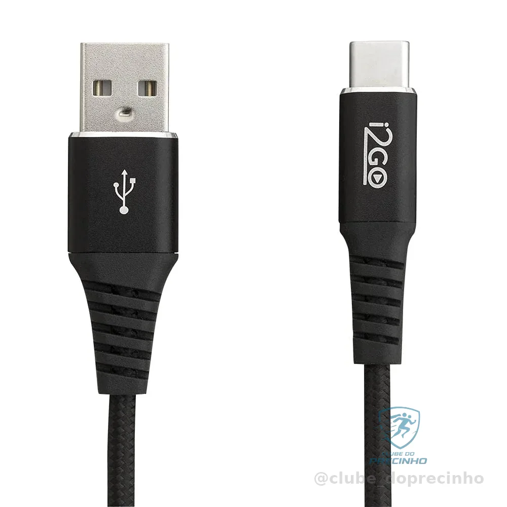 Cabo USB-C I2GO 2m 3A Nylon Trançado Preto - I2GO PRO
