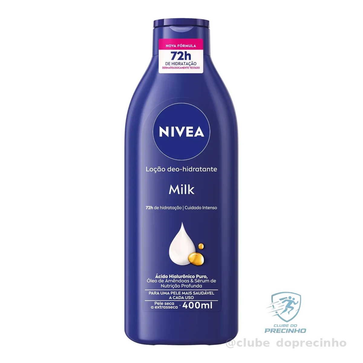 NIVEA Loção Deo-Hidratante Milk 400ml, Hidratação Profunda 72h, Hialurônico Puro, Corporal, Pele Seca e Extrasseca