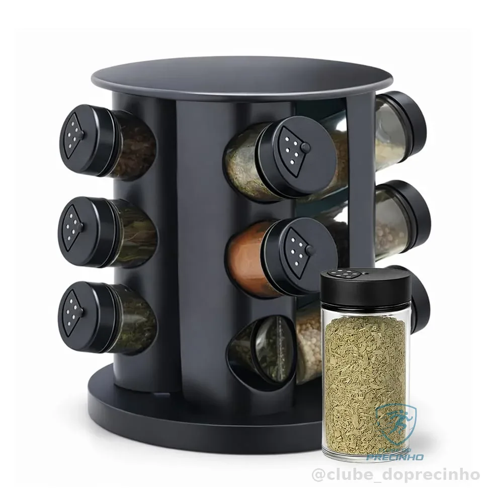 Porta Tempero Condimentos Giratório Preto Com 9 Potes 85ml Para Armazenamento De Temperos e Especiarias Resistente Premium