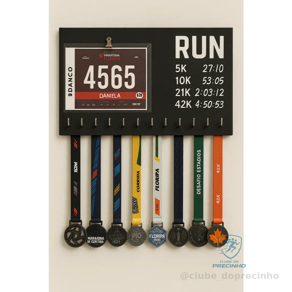 Porta Medalhas de Corrida em MDF parede – Quadro para Registrar Tempos de Provas de corrida - Até 100 medalhas