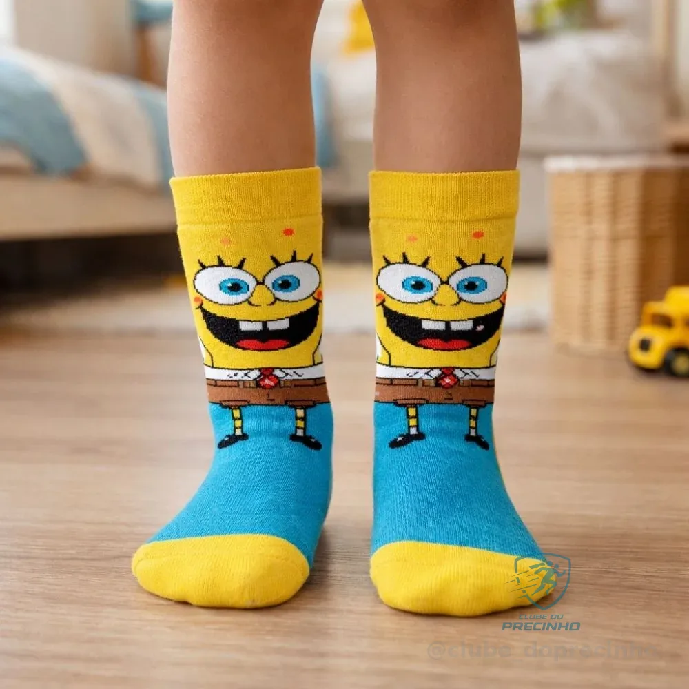 Meia Infantil Divertida Cano Alto 3/4 | Personagens Coloridos | Algodão Confortável | Menino e Menina Geek/ Nerd/ Gamer