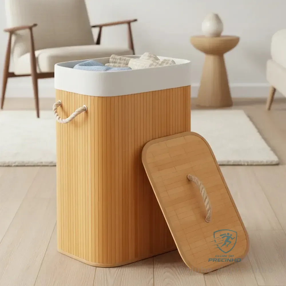 Cesto De Roupa Bambu Natural Dobrável Retangular Com Tampa E Forro 50l Espaçoso Ideal Para Organizar Roupas, Toalhas E Peças Do Dia A Dia Liso