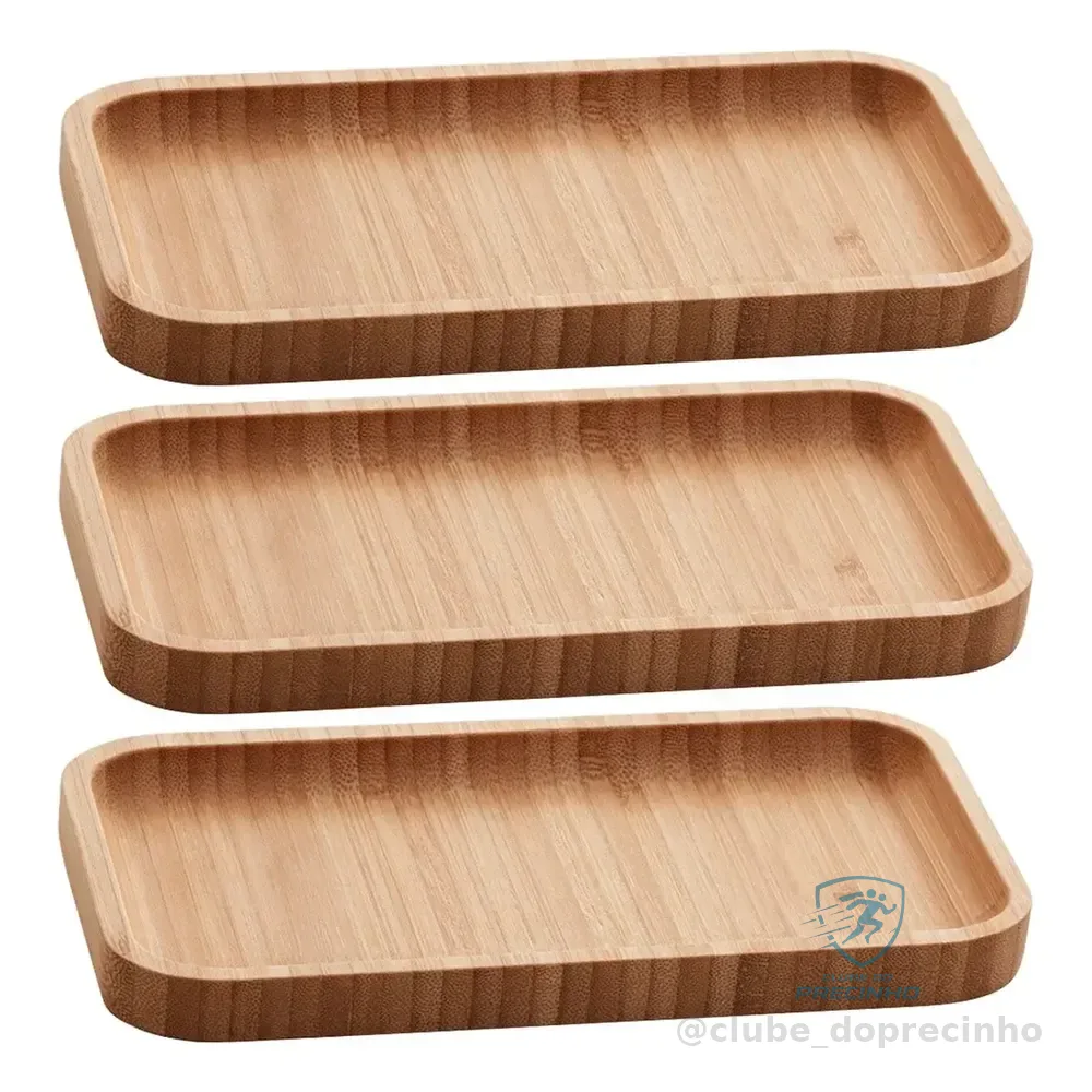 Kit 3 Bandejas De Bambu Retangular Para Cozinha 20x10cm Peti Lyor Hire