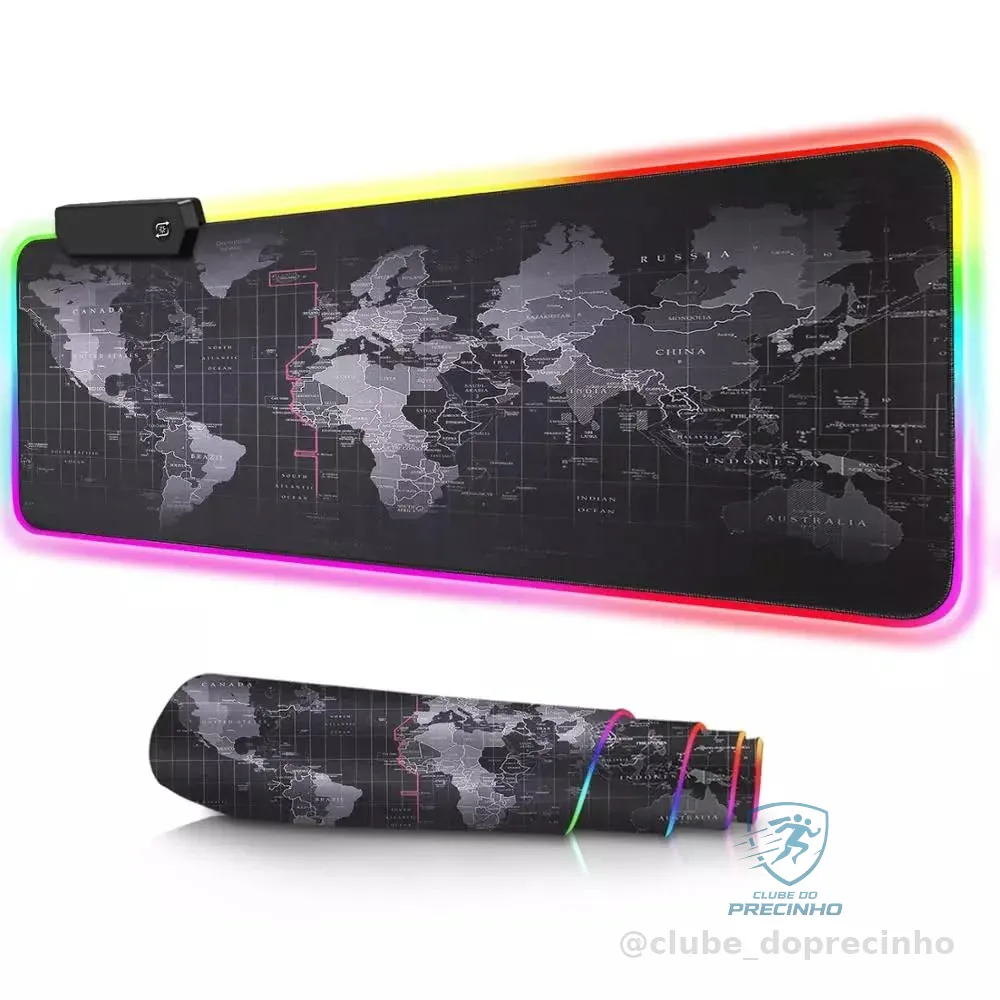 Mousepad Gamer Mundi Grande Com Led Rgb 7 Cores 80 X 30 Cm Borda Costurada Antiderrapante Cor:Preto