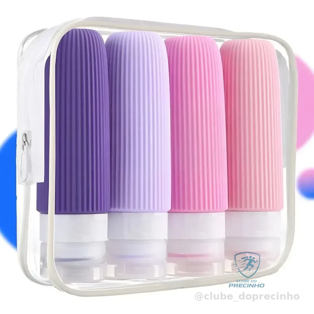 Kit Frascos 4 Potes Viagem Silicone 90ml Condicionador Creme Rosa Listras