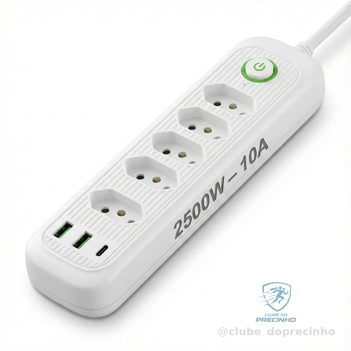 Régua de energia com 5 tomadas + USB + Tipo-C • Cabo 2m • Filtro de Linha • Bivolt automático • Ideal para home office, TV e PC