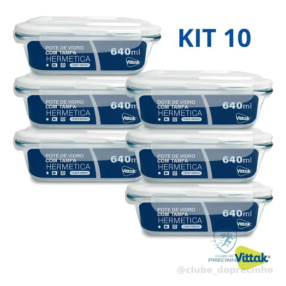 Vittak Kit 10 Potes Vidro Hermético Com 4 Travas Marmita Microondas Freezer Transparente 640ml