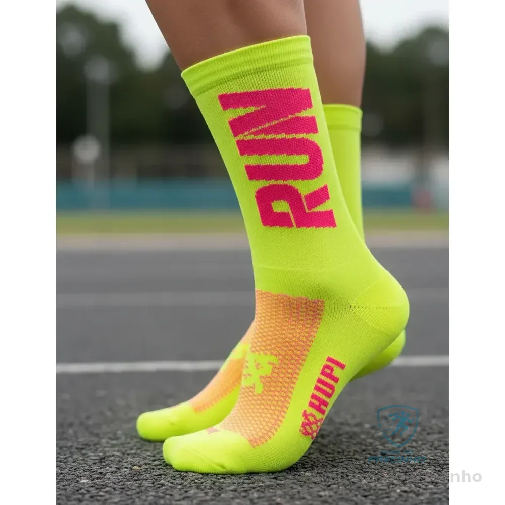 Meia Corrida Hupi Esportiva Run Cano Médio Poliamida 1 Par Run Amarelo/Rosa