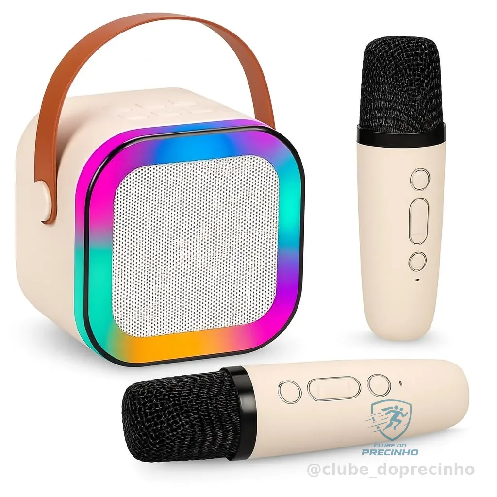 Caixa de Som Karaokê Com Dois Microfones Sem Fio RGB Portátil USB Com Conexão Bluetooth Efeitos de Voz Divertidos