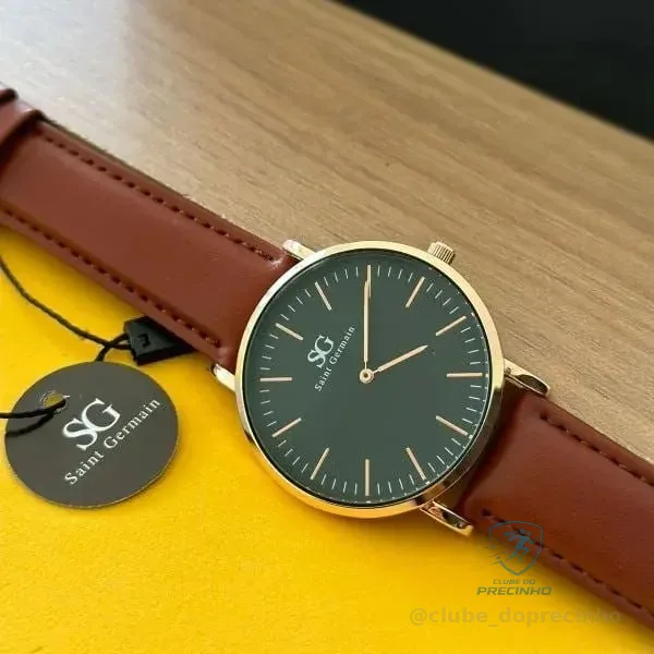 Relógio Masculino Saint Germain Bronx Black Gold Pulseira Correia Marrom Bisel Dourado-escuro Fundo Preto