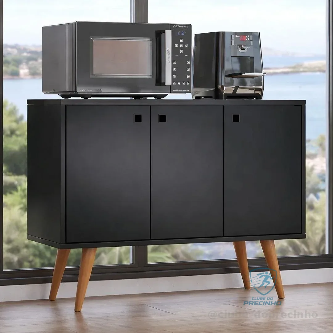 Aparador Buffet Multiuso Preto 3 Portas Sala De Jantar Preto