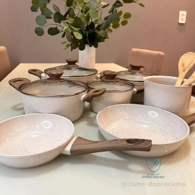 Jogo De Panelas De Cozinha Mimo Style Cook Fundo De Tripla Indução Com 10 Peças De Alumínio, Cerâmica, Madeira Marmol Vanila