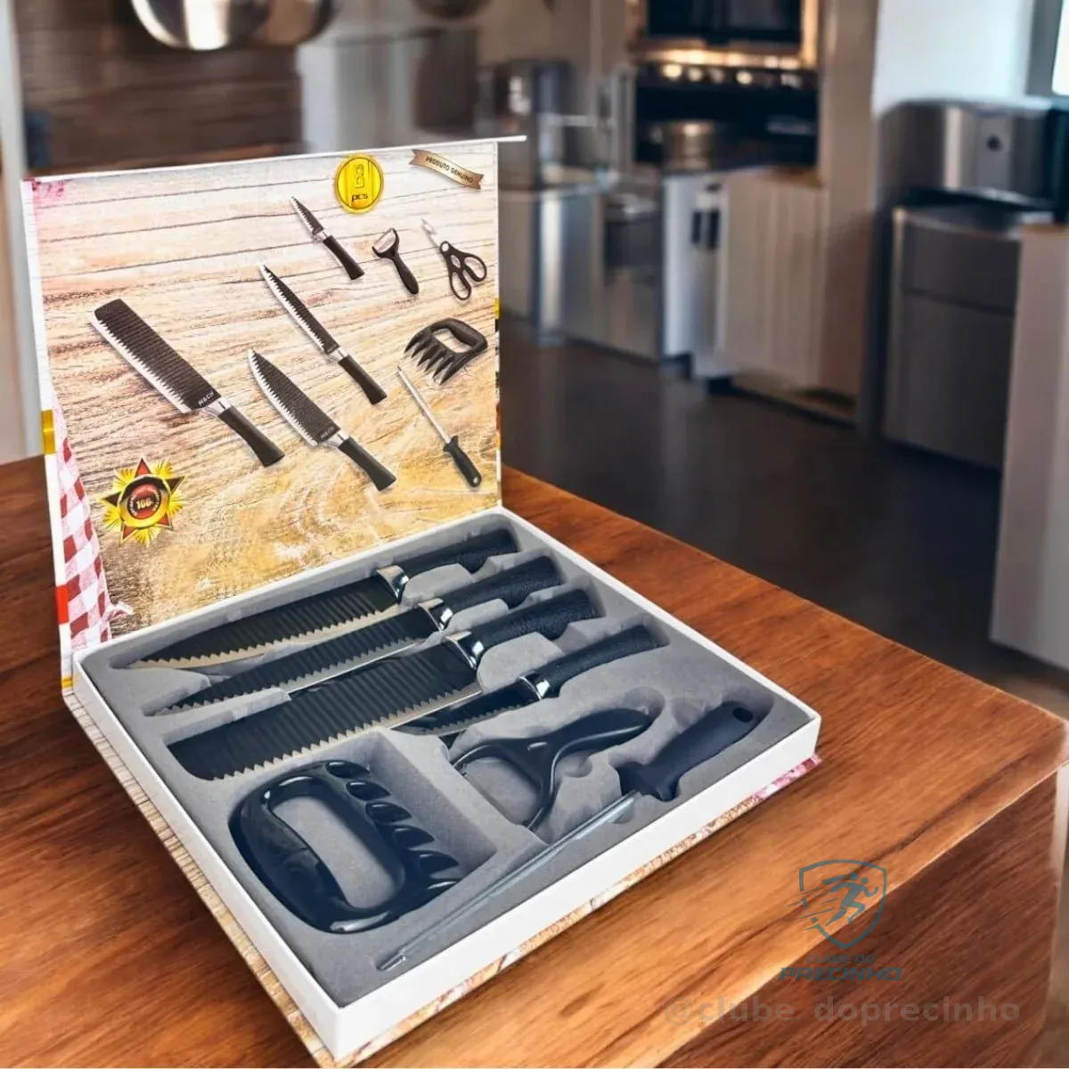 Kit Jogo 8 Peça Faca Cutelo Aço Inox Churrasco Cozinha Preto Preto