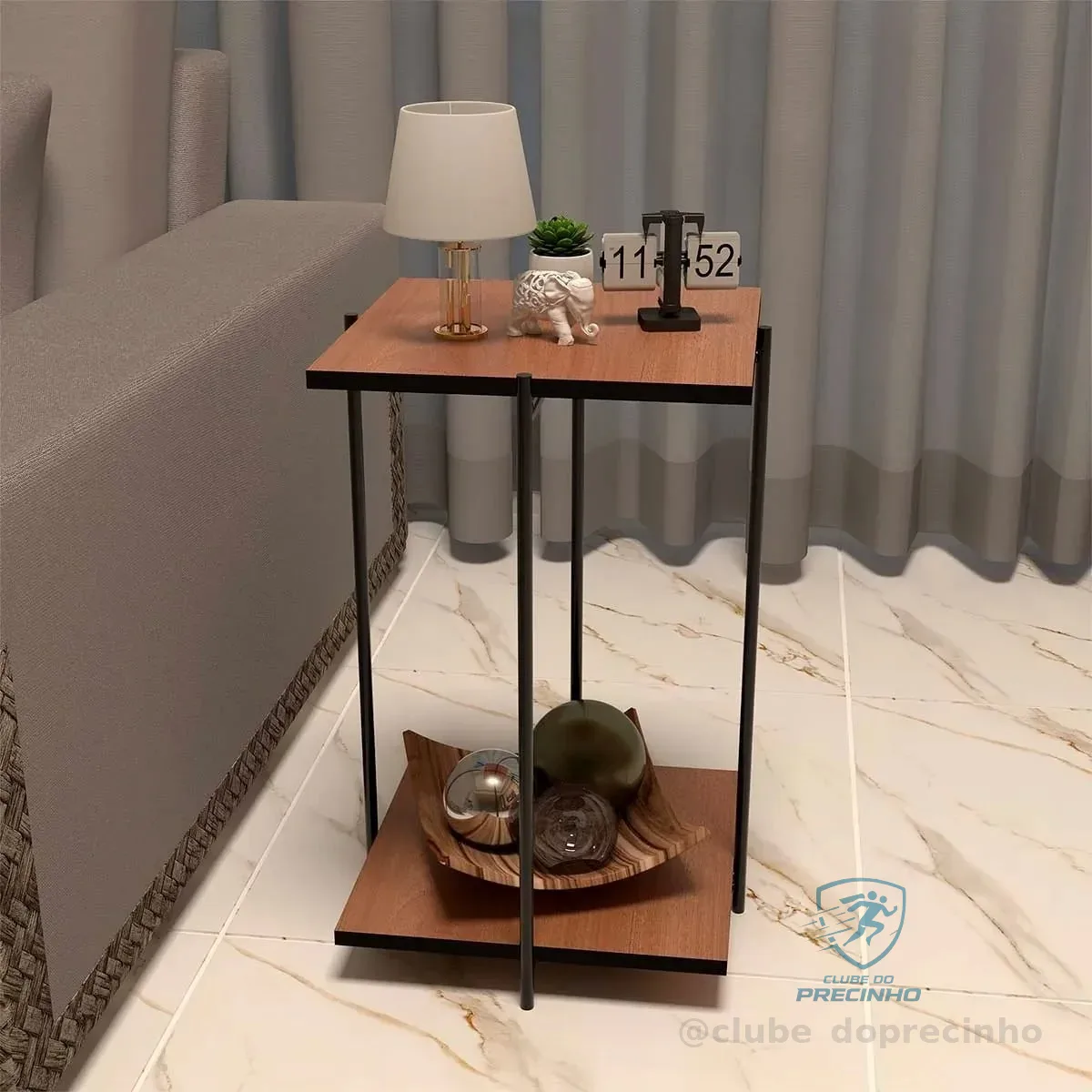 Mesinha Lateral Alta Tampo Duplo Estilo Industrial Pé Ferro Cor Freijó Liso