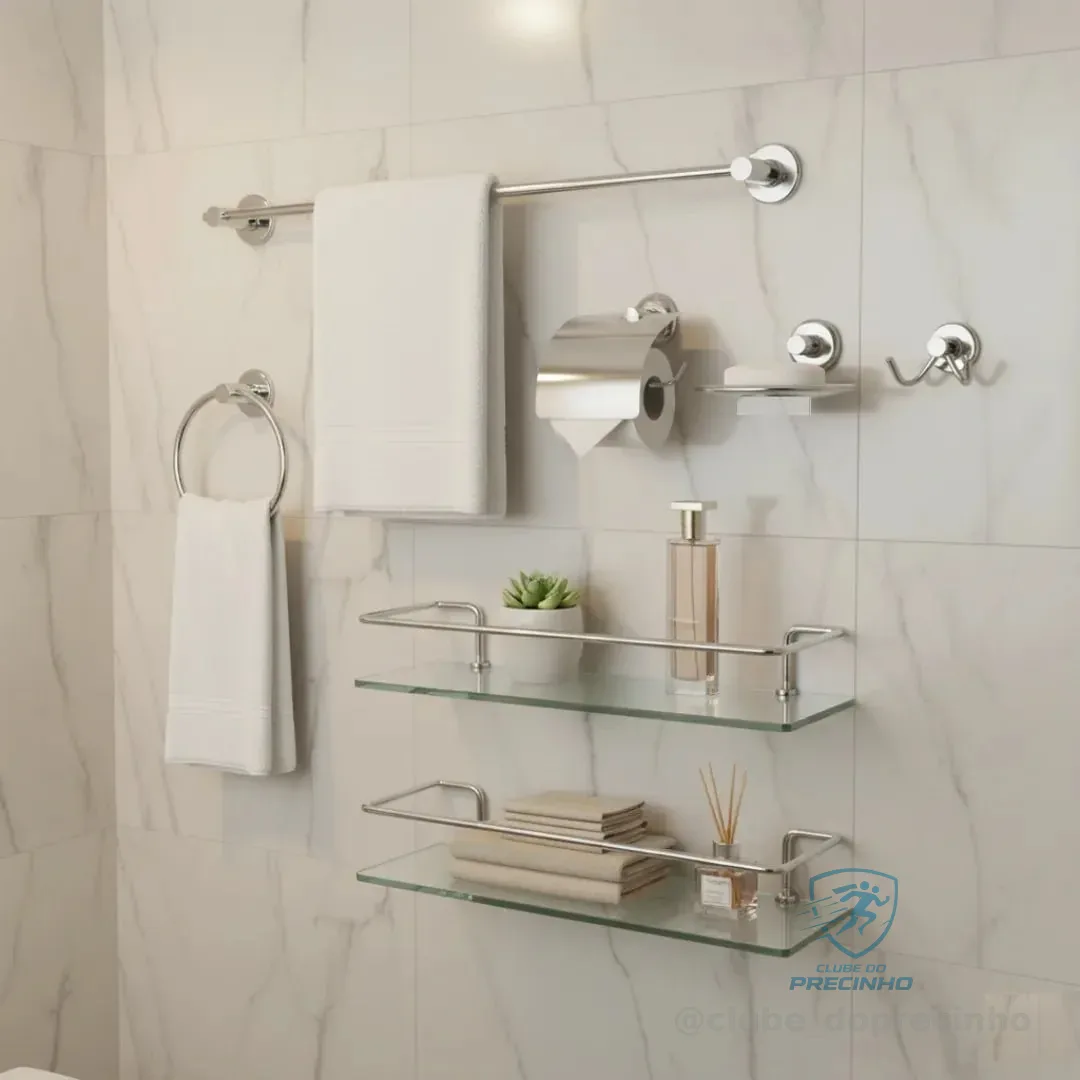 Kit Acessórios Banheiro Inox 5peças + 1 Porta Shampoo Reto Cor Prateado