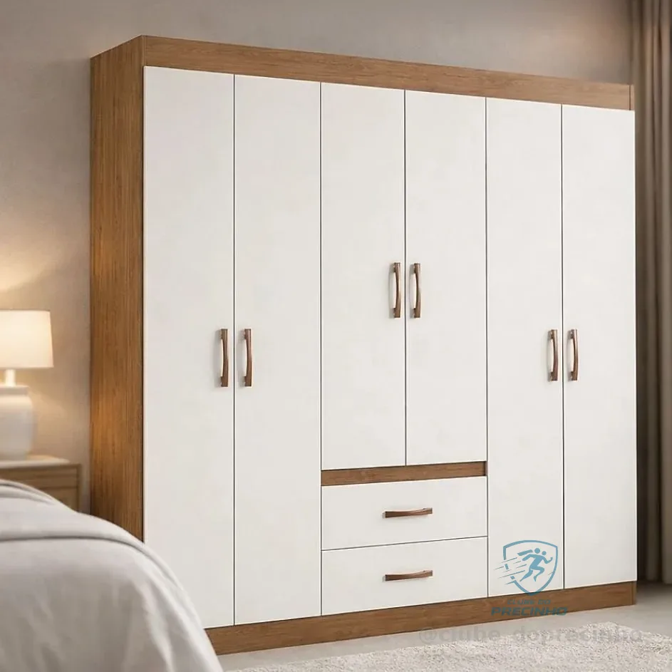 Guarda Roupa Solteiro 6 Portas 2 Gavetas Sidney Doripel Cor Off White/nogueira