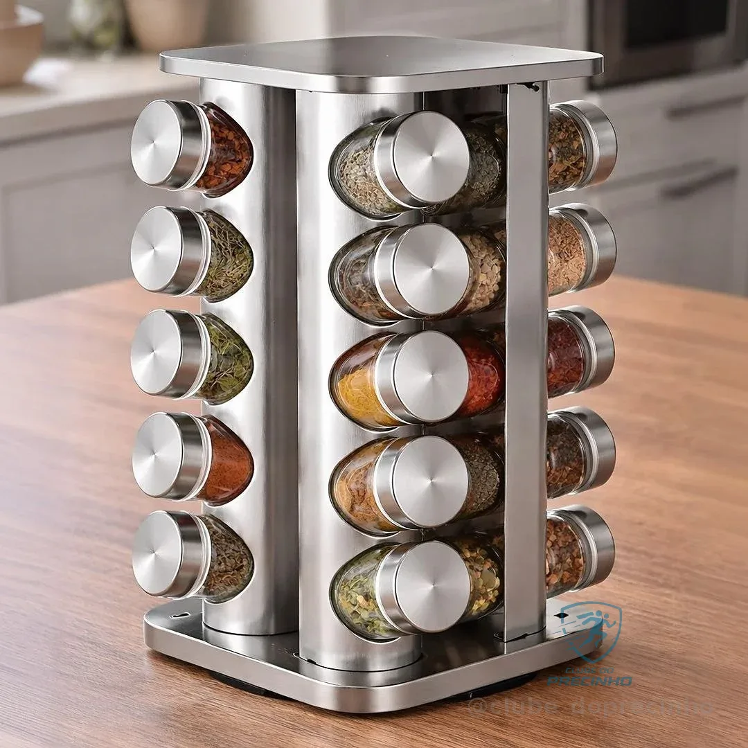 Porta Tempero Condimentos 20 Potes Giratorio Redondo Inox Inox