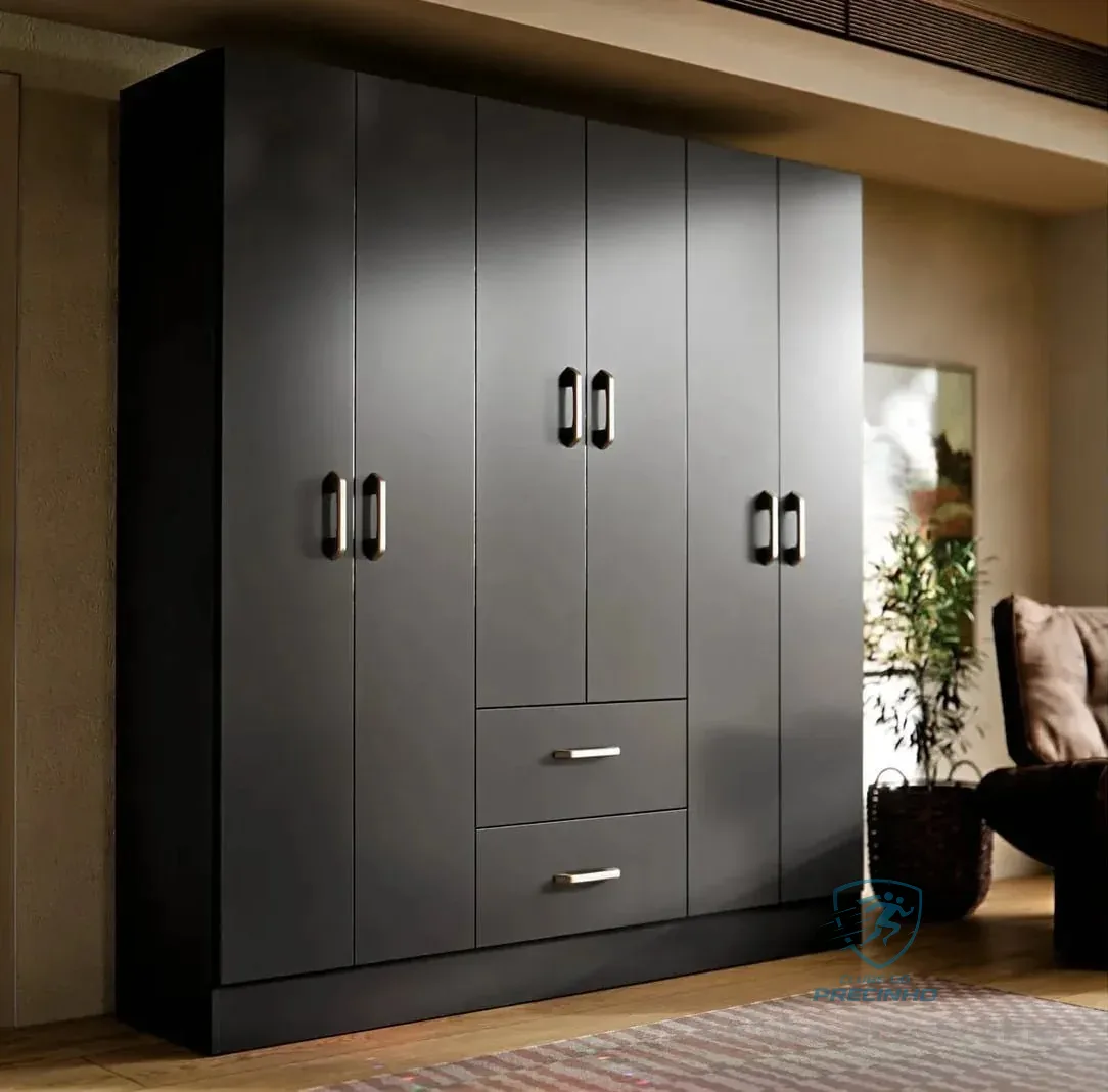 Guarda Roupa Casal 6 Portas 2 Gavetas Jamaica Roupeiro Grande Para Quarto Organizador De Roupas Com Cabideiros E Prateleiras Armário Multiuso Moderno Cor Preto