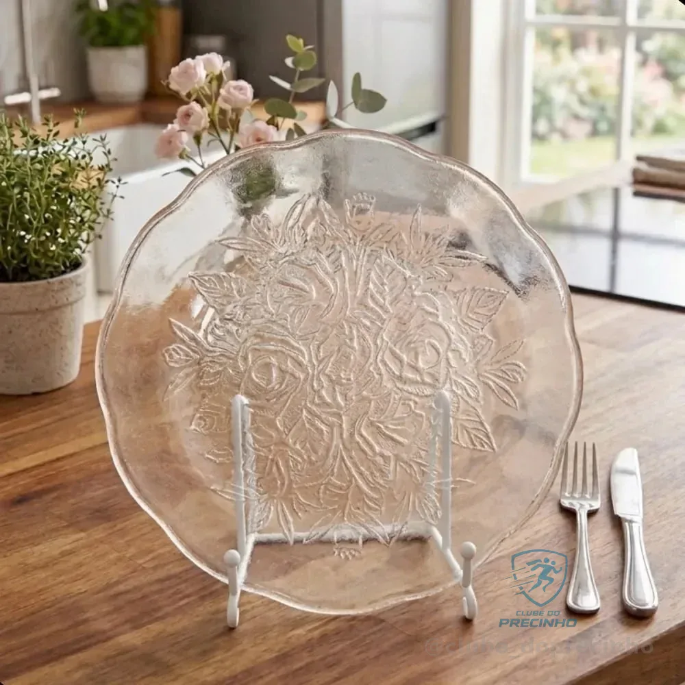 Jogo De Pratos Fundos Kit 6 Em Vidro Almoço E Jantar Cor Transparente Florido