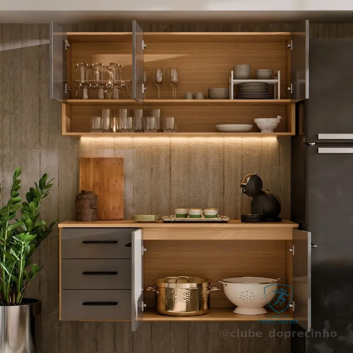 Armário De Cozinha Completo Balcão 5 Portas E 3 Gaveta Aéreo Cinza Grafite Carvalho Nature