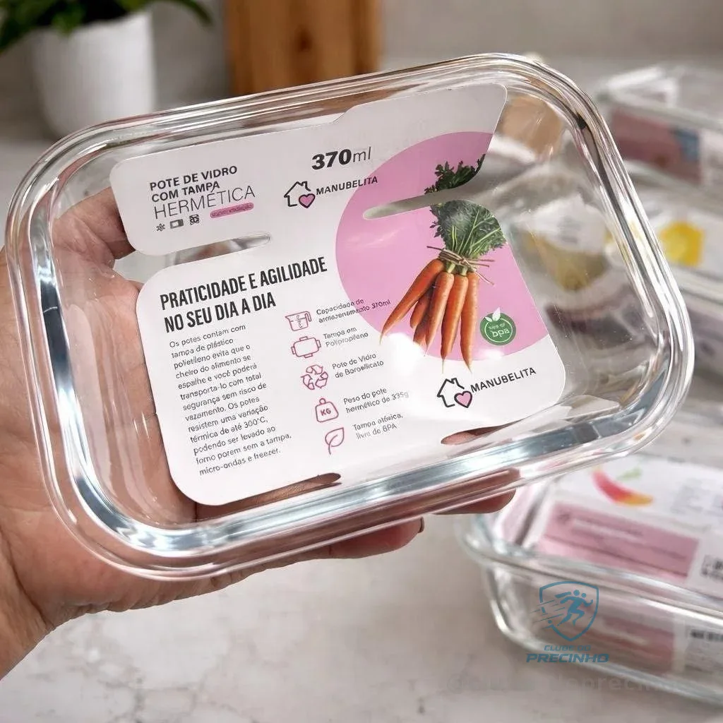 Kit 10 Potes Vidro Hermético 370ml Retangular 4 Travas Marmita Premium Homix Aleatório