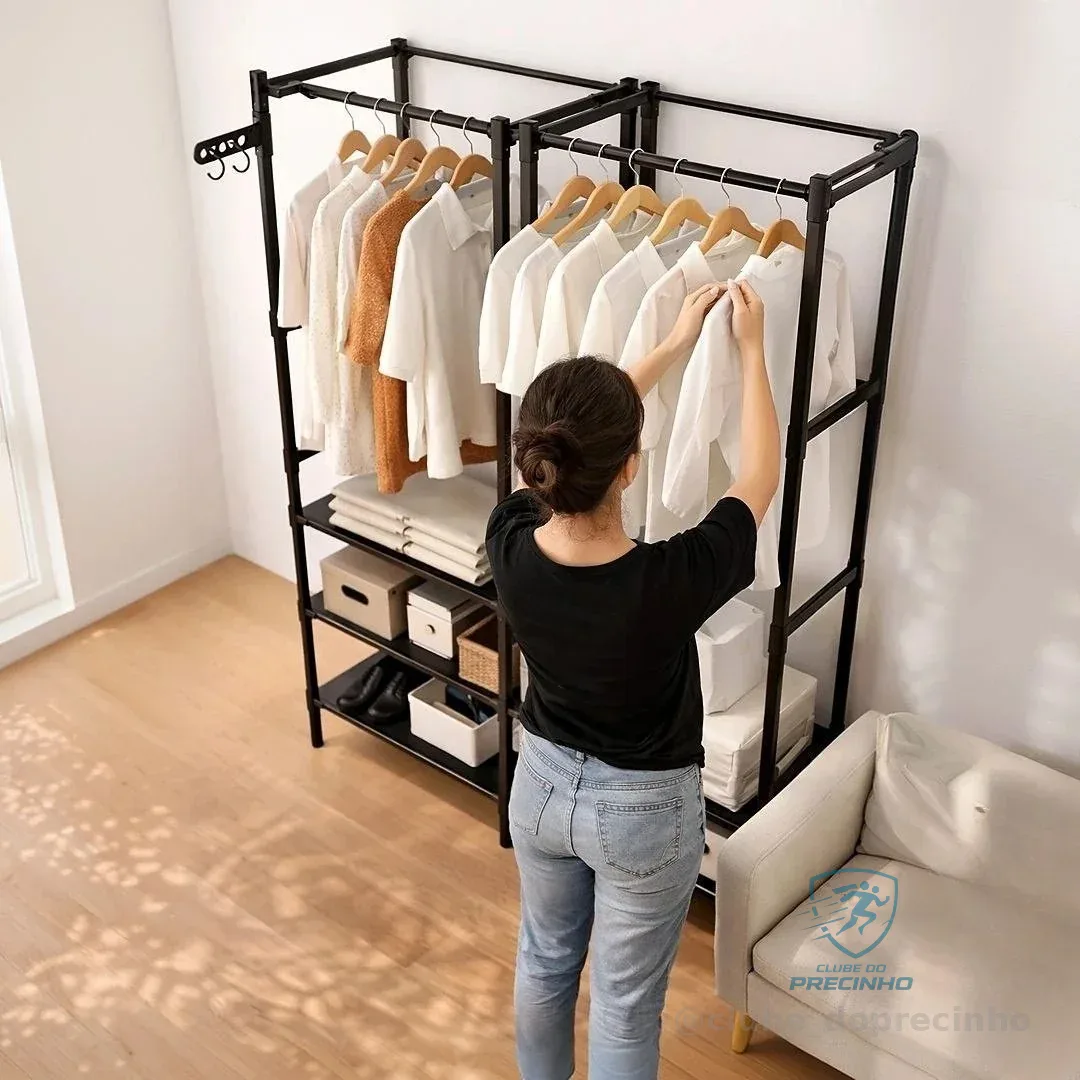 Arara Cabideiro Guarda Roupa Dobravel Aberto Closet Organizador De Roupas Closet Aberto 6 Prateleiras Aço Inox Espuma Viva Preto