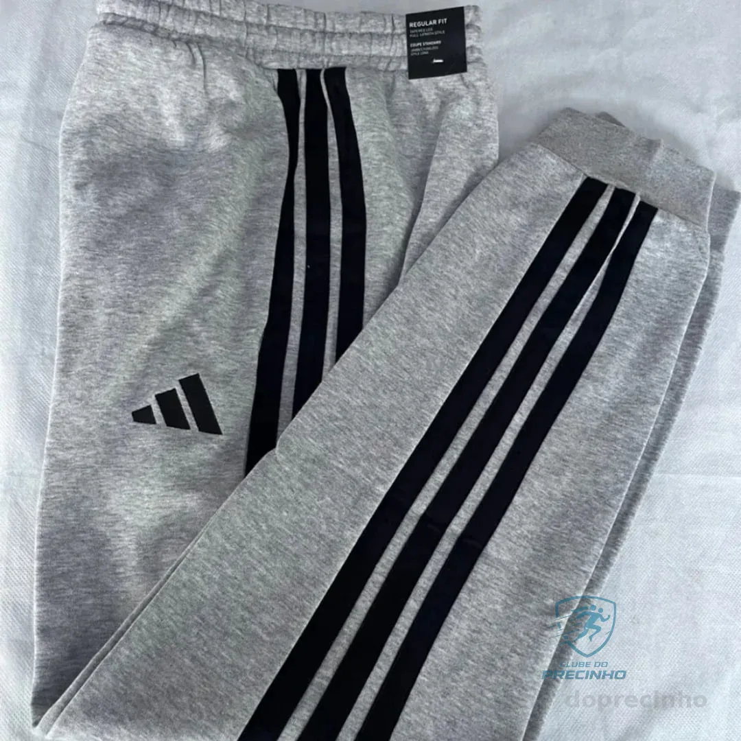 Calça Masculina Essentials French Terry 3 Listras adidas Cinza Liso G