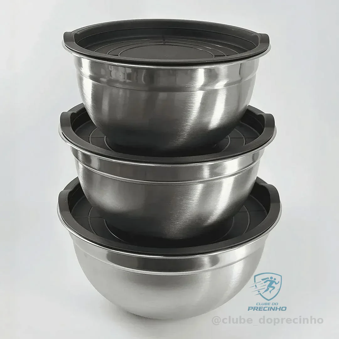 Kit 3 Bowls Inox Com Tampa Hermética 22cm 20cm 18cm Potes Aço Inox Cozinha Armazenamento Alimentos A Tabuleria