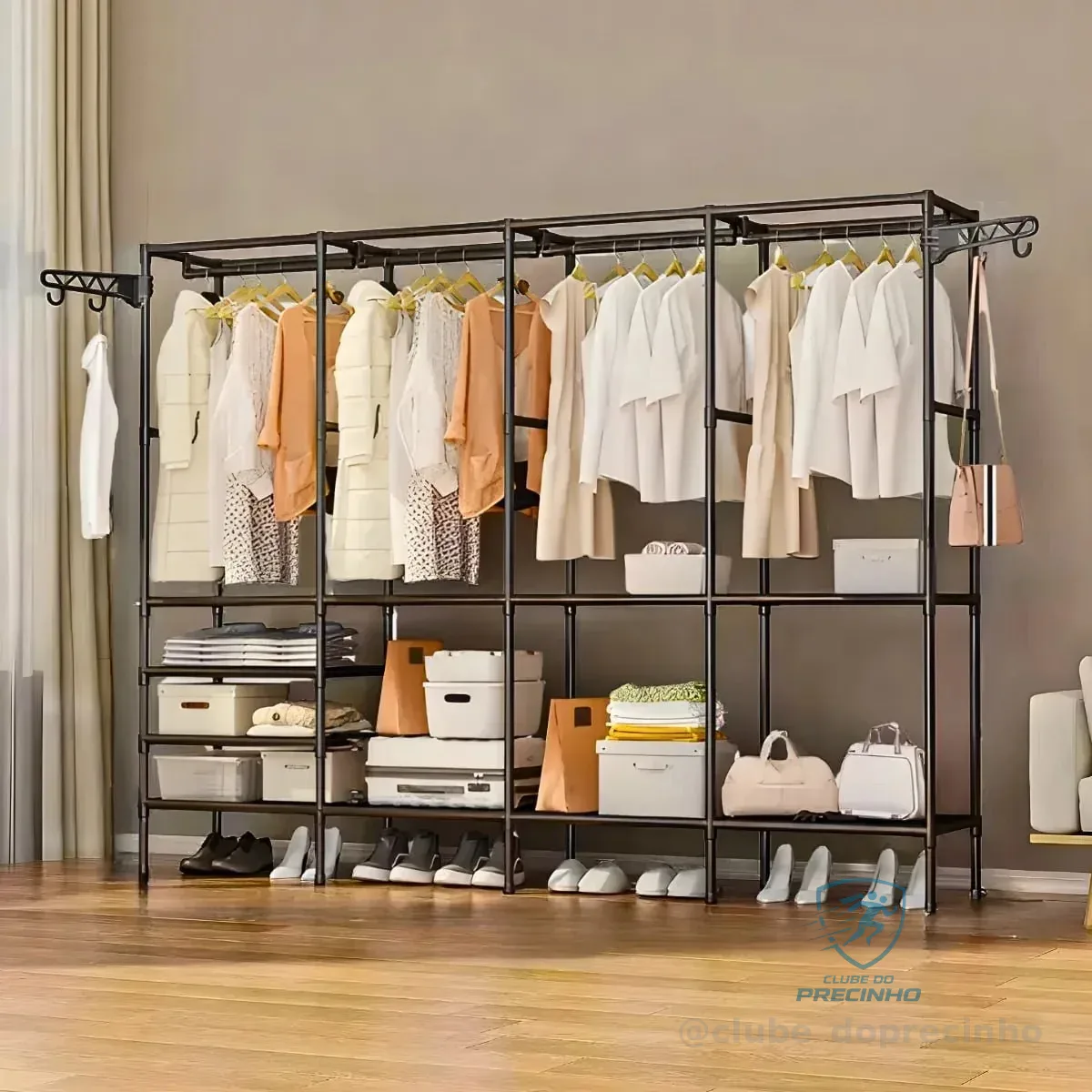 Arara Organizadora 4 Colunas Em Aço Resistente Guarda Roupa Dobrável Modular Cabideiro Closet Aberto Organizador De Roupas Desmontável Preto