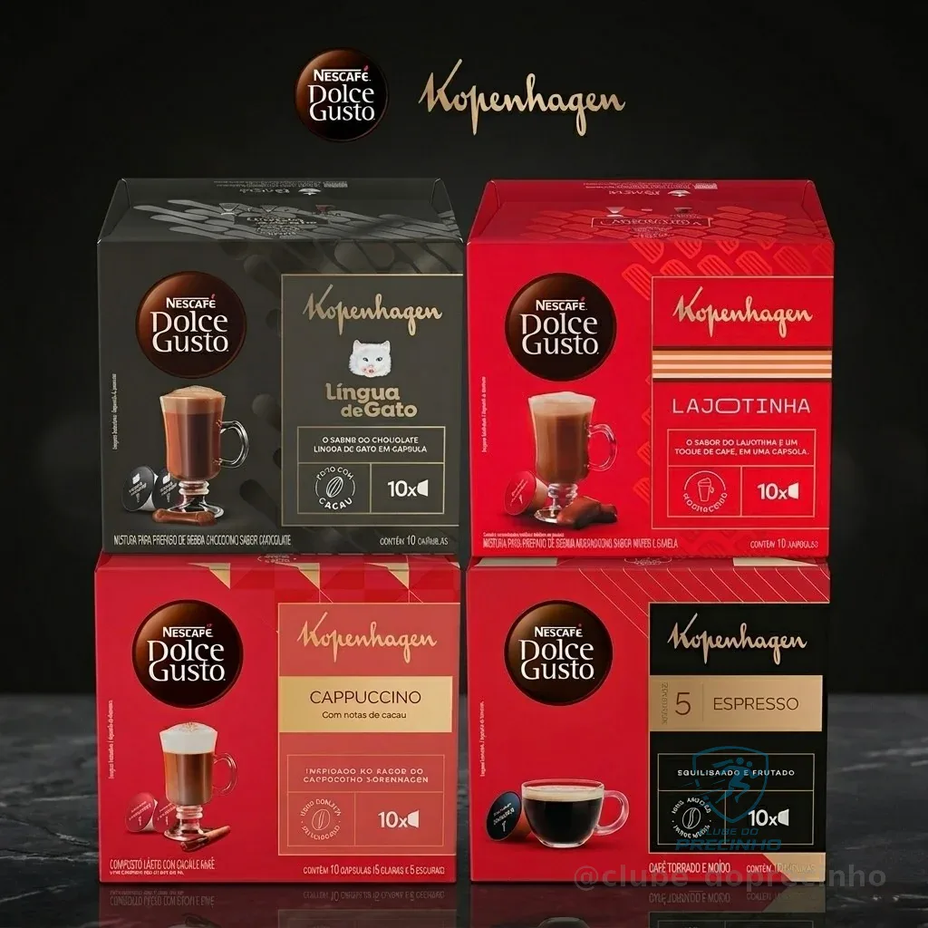 Kit Dolce Gusto + KOPENHAGEN - 40 cápsulas - Língua de Gato, Lajotinha, Cappuccino e Espresso
