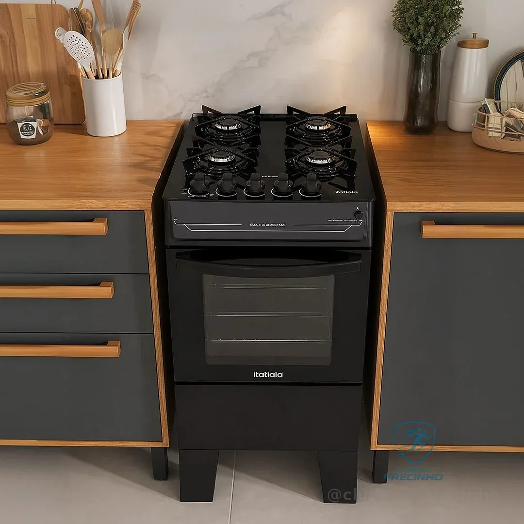 Fogão 4 Bocas Itatiaia Vidro Temperado Electra Glass Plus Preto 127/220v