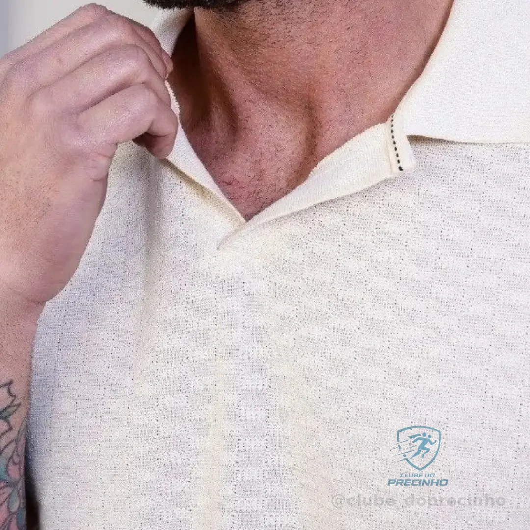 Camisa Masculina Gola Polo Elegante Tricot Clássica Premium Bege Com Botão M