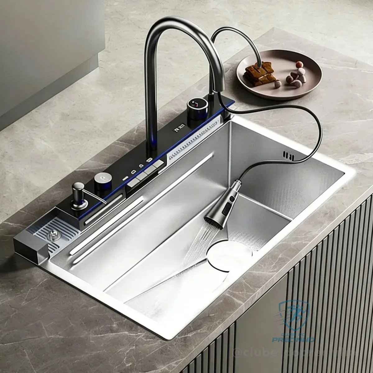 Pia De Cozinha Gourmet Retangular De Inox 304 Com Torneira Digital E Led 80x45cm Prateado