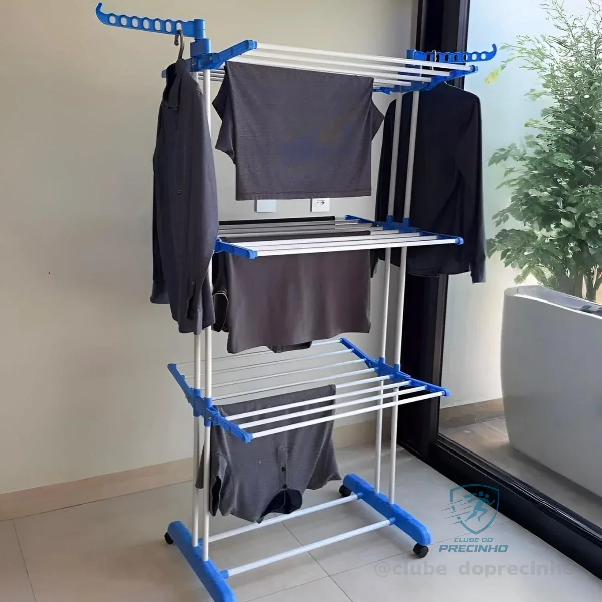 Varal De Chão Epsilon Grande Dobrável Com 4 Rodas Para Roupas, Azul