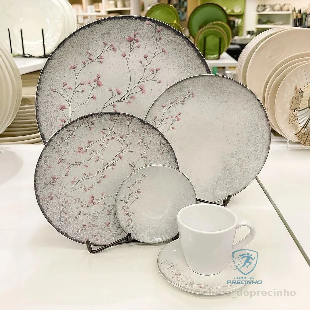 Aparelho De Jantar Tramontina Floralis Porcelana 20 Peças Cinza Florido