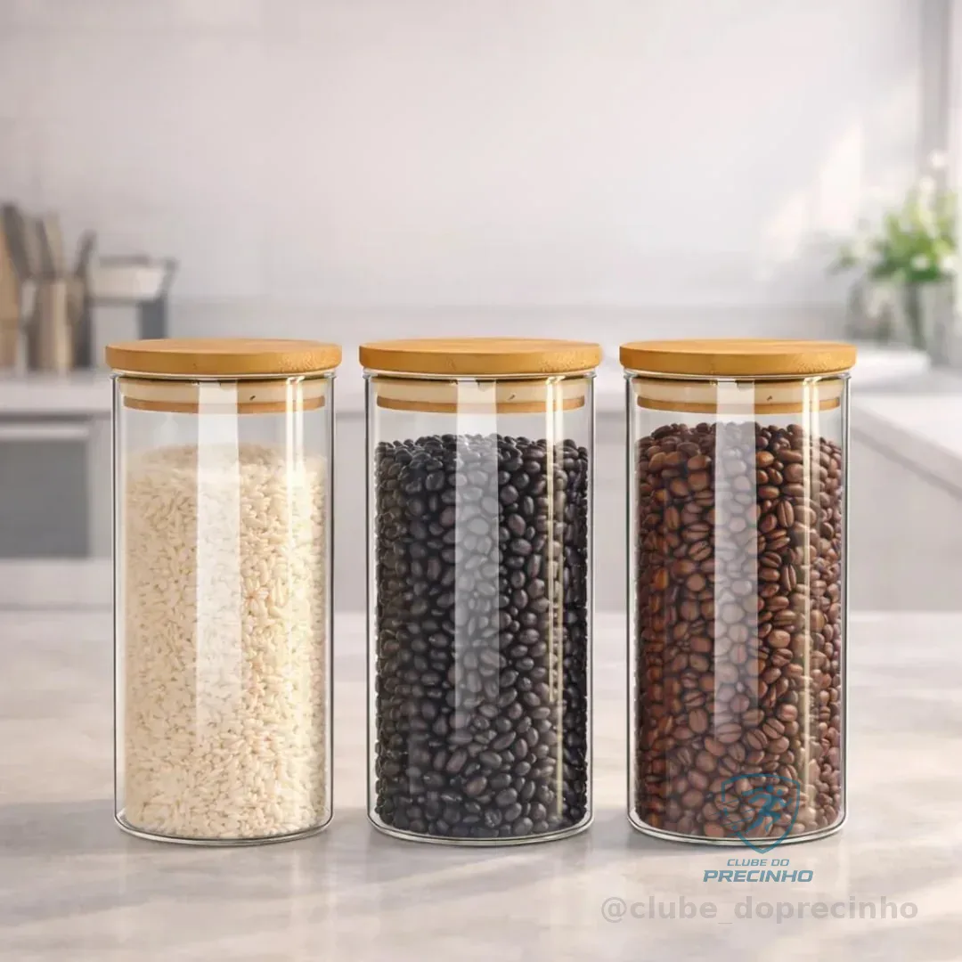 Kit 3 Potes De Vidro Herméticos Com Tampa De Bambu De 1 Litro Para Mantimentos Alimentos Grãos Café Massas Cereais Cozinha Com Vedação Hermética Vidro Borossilicato Bpa Free Transparente