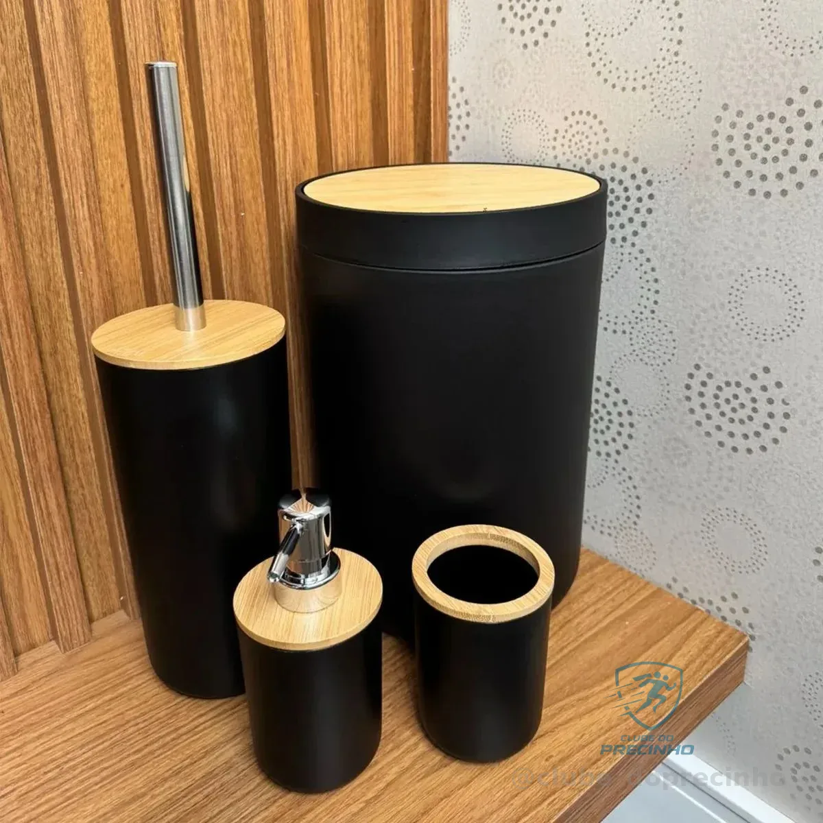 Kit Banheiro Completo Lixeira Porta Escova Sabonete Bambu Preto