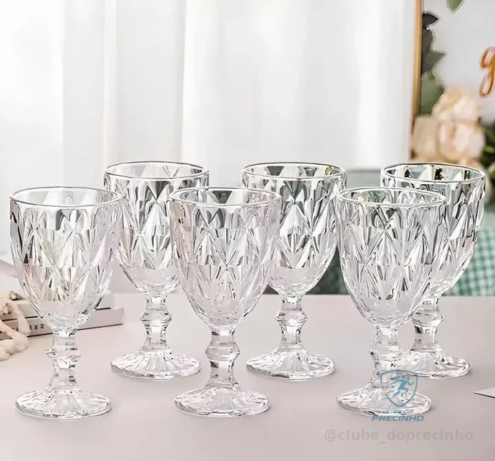 Jogo De Taças Diamante De Vidro 6 Peças 340ml Água Suco Cristal