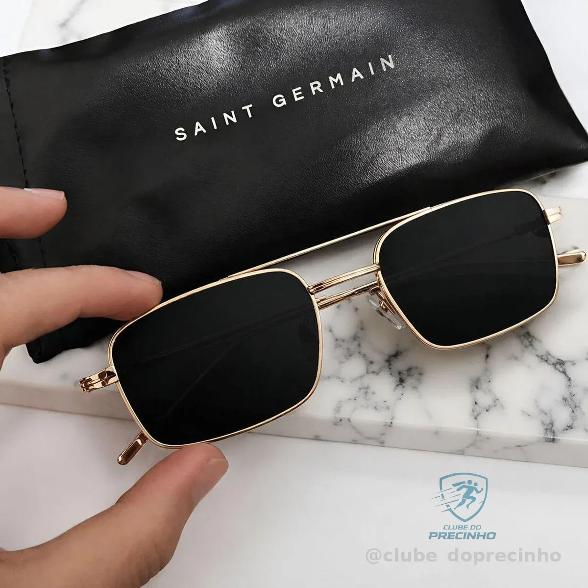 Óculos De Sol Uv400 Saint Germain Smith Black Gold Quadrado Dourado Preto