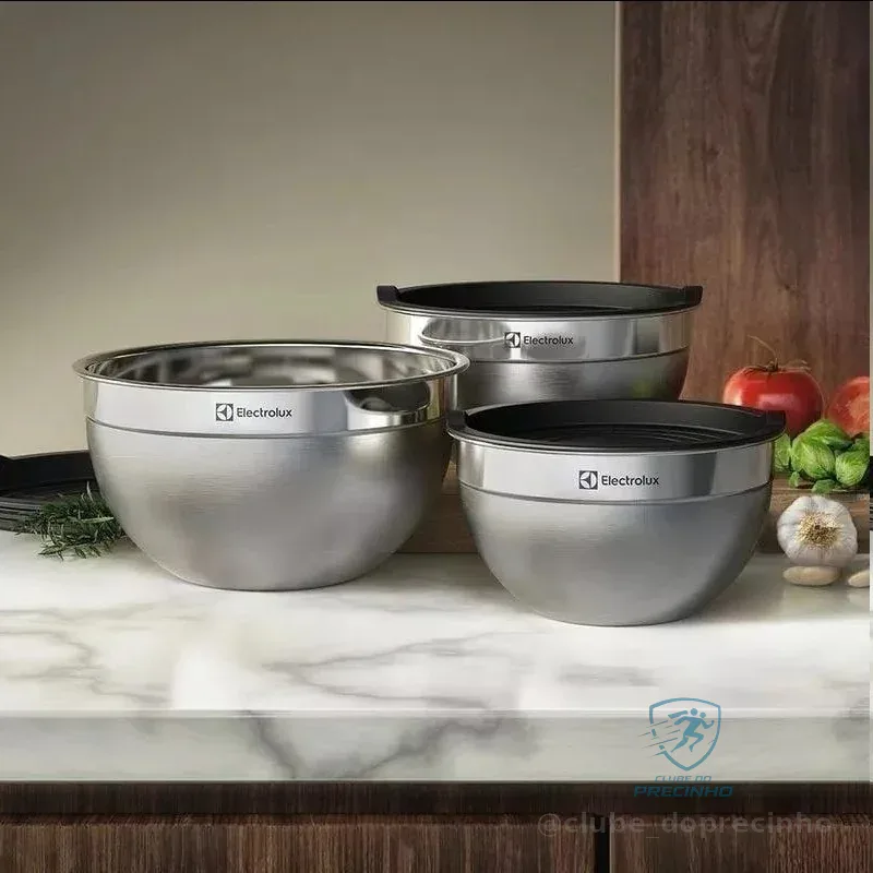 Electrolux Kit Bowls Tigelas Em Inox Com Tampa Plástica 3 Unidades Utensílios Domésticos De Cozinha