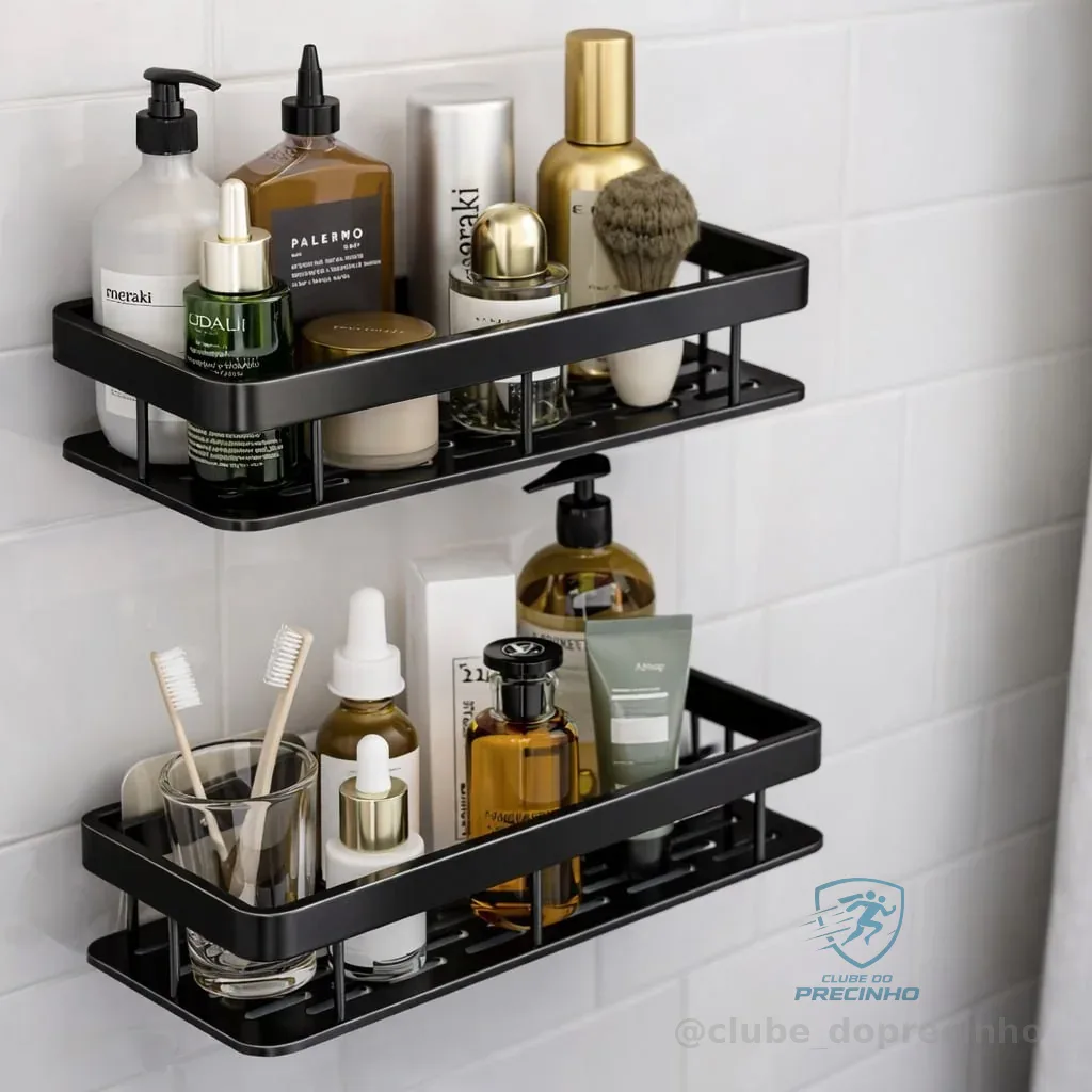 Kit 2 Suporte Porta Shampoo Sabonete Prateleira Banheiro Adesivo Parede Sem Furar Box Luxo Cor Preto Homeroarte