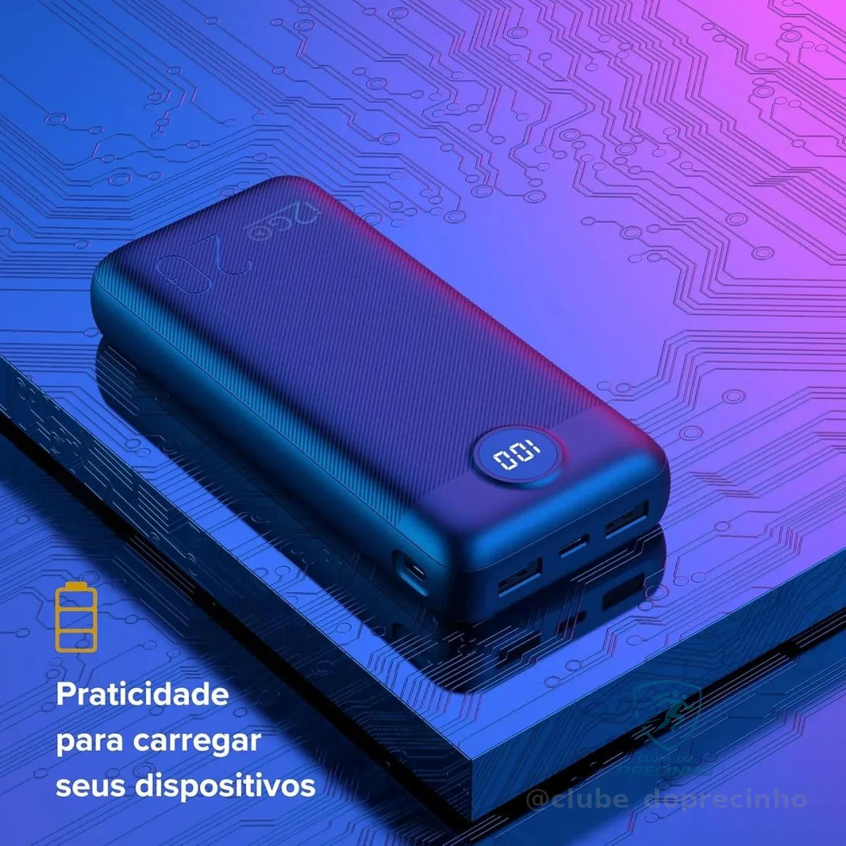 I2GO, Carregador Portátil (Power Bank) Ultra Rápido 20000mAh, Power Delivery 20W, 2 Saídas USB + 1 Saída/Entrada USB-C, Preto, i2GO PRO