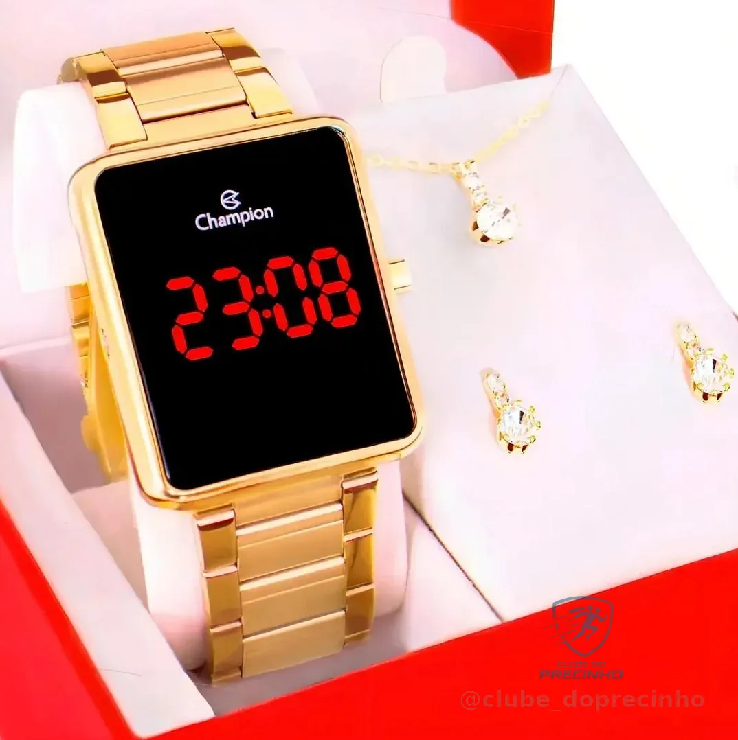 Kit Relógio Feminino Champion Digital Dourado Colar Brincos Cor Do Fundo Led Vermelho Ch40086v Com Pulseira Em Aço Inoxidável Presente Perfeito Namorada Mãe Esposa Led Vermelho 2
