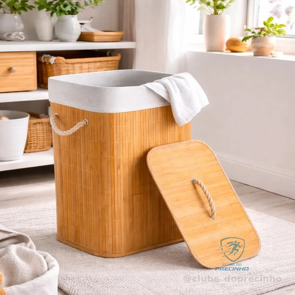 Cesto De Roupa Suja Em Bambu 72l Retangular Dobravel Tampa E Alça Reforçada Pítia