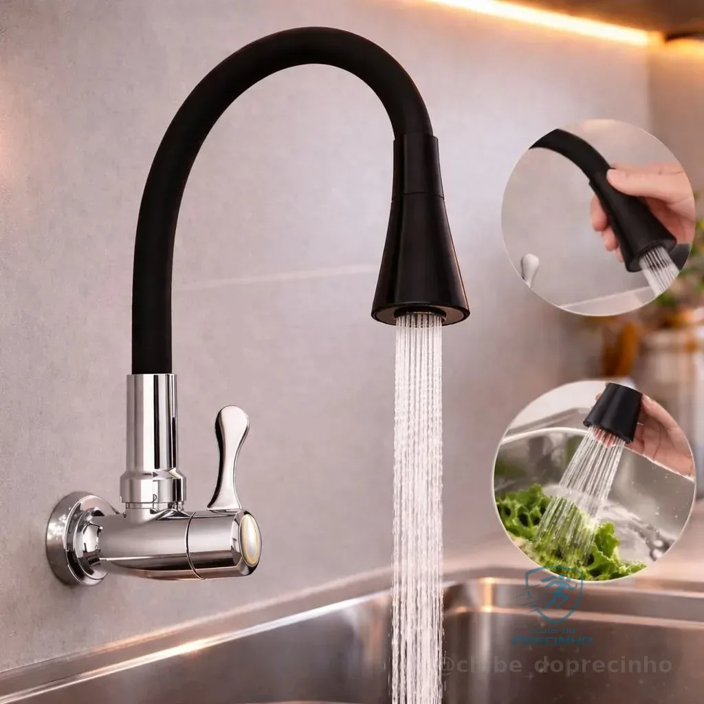 Torneira Flexível Parede Cozinha Preto Pressurizada Moderna Preto Fosco