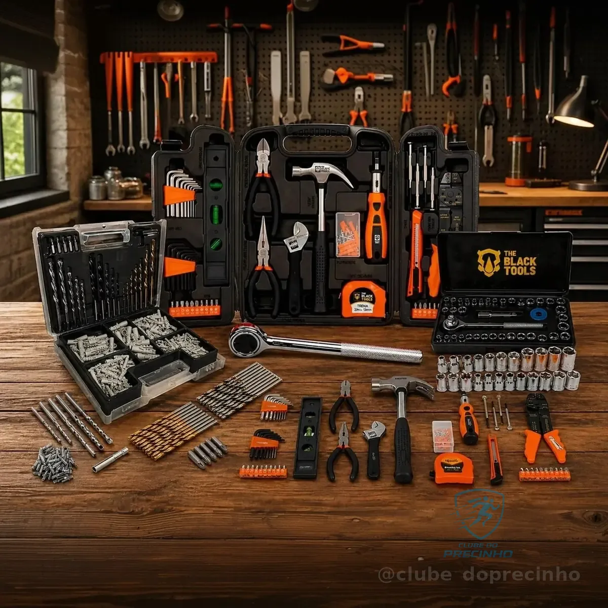 Kit Jogo De Ferramentas 129 Peças Com Jogo De 40 Soquetes Chaves E Kit 300 Peças Brocas E Buchas The Black Tools Preto