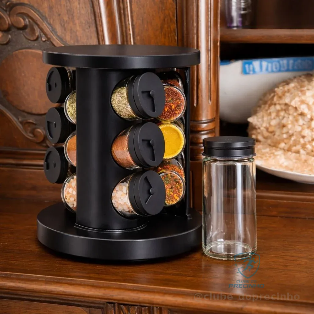 Porta Tempero Condimento Giratório 9 Potes De Vidro Premium Preto